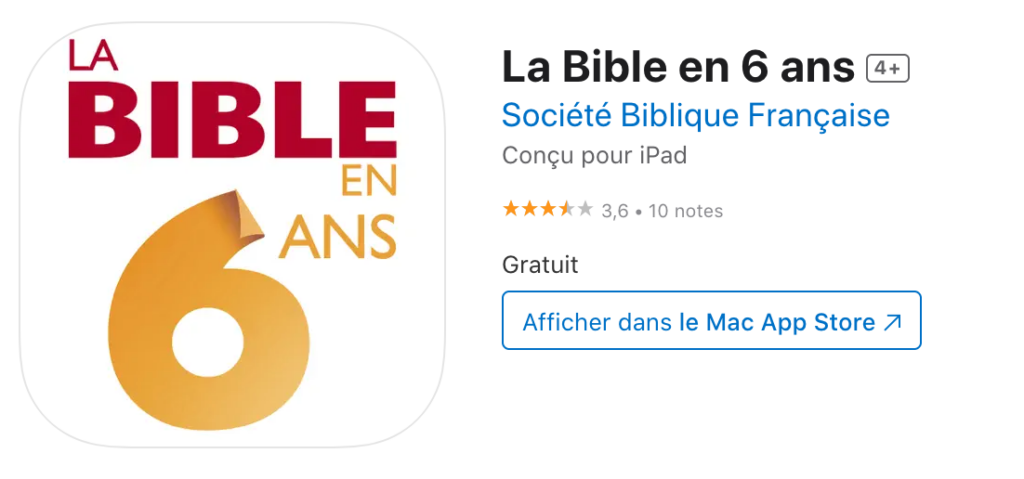 Capture d'écran pour télécharger la Bible en 6 ans dans le Mac App Store